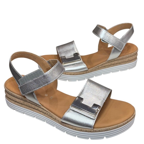 Gabor Shoes - Gabor Shout Platform Wedge Sandals 8.5 Metallic Silver Leather Summer Comfort